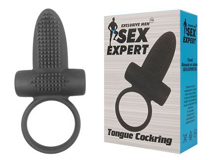 Чёрное эрекционное кольцо с вибрацией и язычком Bior toys Sex Expert SEM-55057