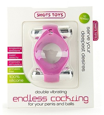 Розовое эрекционное кольцо с 2 вибропулями Shots Media BV Double Vibrating Endless Cockring SHT084PNK