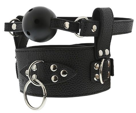 Чёрный кляп-шар с отверстиями и ошейником Dream Toys BREATHABLE BALL GAG WITH COLLAR 21326