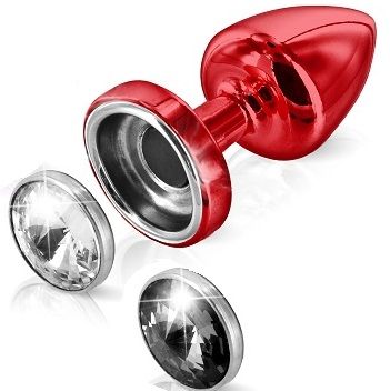 Красный анальный плаг с 2 заменяемыми кристаллами DIOGOL Anni Magnet T1 Red Cristal/black 9020060052 (6 см)