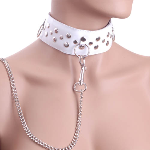 Белый ошейник из кожи с цепочкой-поводком Sitabella 3100-3
