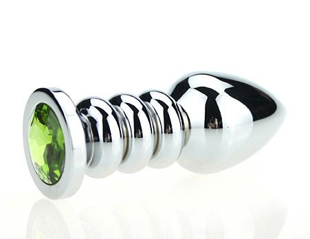 Серебристая фигурная анальная пробка с зелёным кристаллом 4sexdreaM 47423-6 (10,3 см)