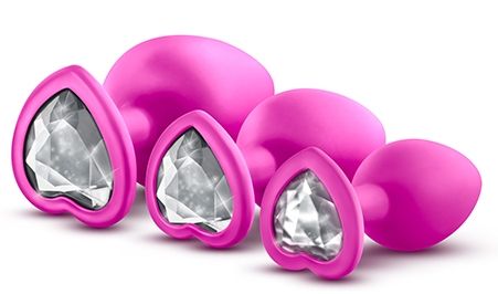 Набор розовых анальных пробок с прозрачным кристаллом-сердечком Blush Novelties Bling Plugs Training Kit BL-395830