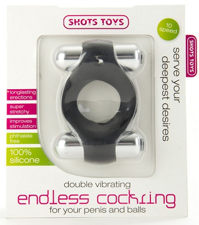 Чёрное эрекционное кольцо с вибрацией Shots Media BV Double Vibrating Endless Cockring SHT084BLK