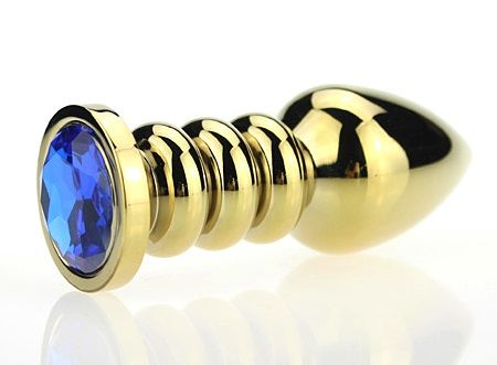 Золотистая фигурная анальная пробка с синим стразом 4sexdreaM 47424-3 (10,3 см)