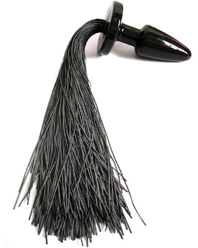 Чёрная анальная пробка с длинным чёрным хвостом 4sexdreaM 47078 (11 см)