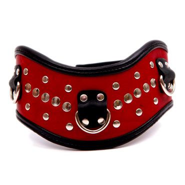 Фигурный красно-чёрный ошейник с клёпками и кольцами Подиум Р27А
