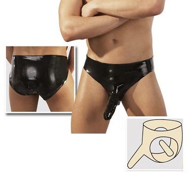 Чёрные мужские трусы с фаллопротезом и анальной втулкой Sharon Sloane 1951
