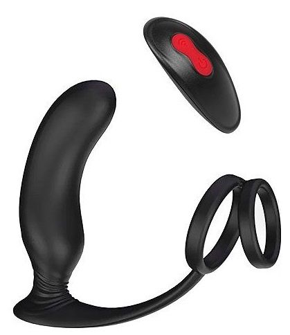 Чёрный вибромассажёр простаты с эрекционным кольцом и пультом ДУ S-HANDE LANCO-RCT SHD-S122-2