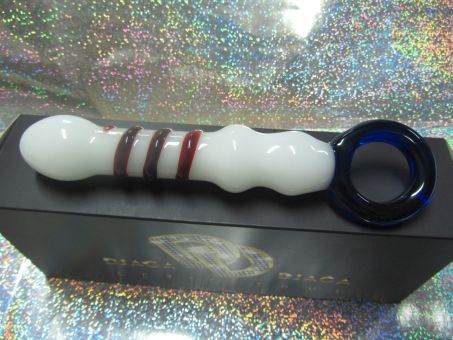 Анальный фаллоимитатор из стекла со спиралью и кольцом белого и синего цветов Джага-Джага GD235 (21 см)