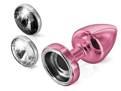 Розовый анальный плаг с 2 заменяемыми кристаллами DIOGOL Anni Magnet T1 pink Cristal/black 9020060054 (6 см)