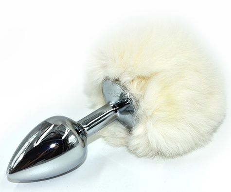 Серебристая округлая анальная пробка с заячьим хвостиком белого цвета Kanikule AP-AL001S-R8W (11,5 см)