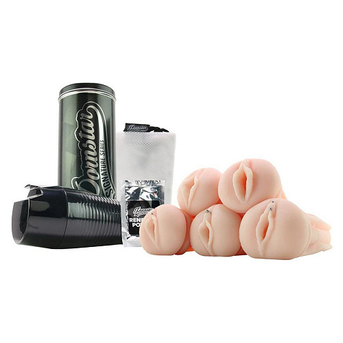 Набор из колбы и 5 рукавов-вагин телесного цвета Pornstar Pussy Gang Bang PSS-014