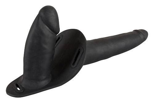 Женский страпон чёрного цвета с вагинальной пробкой Orion Double Strap On 05111290000 (15 см)