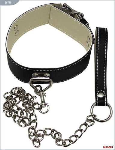Чёрный кожаный ошейник с фиксацией и поводком-цепью X-Market Ltd 69718