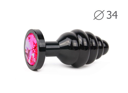 Коническая ребристая чёрная анальная втулка с малиновым кристаллом Anal Jewelry Plug ABCK-14-M (8 см)