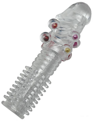Прозрачная гелевая насадка-ёршик с бусинками Eroticon 30263 (14 см)