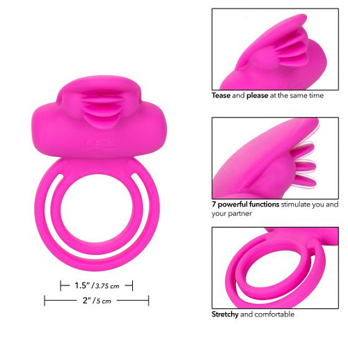 Ярко-розовое эрекционное кольцо California Exotic Novelties Silicone Rechargeable Dual Clit Flicker SE-1843-10-3