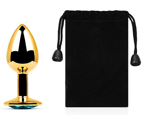 Золотистая анальная пробка с голубым стразом Anal Jewelry Plug GS-05 (7,2 см)