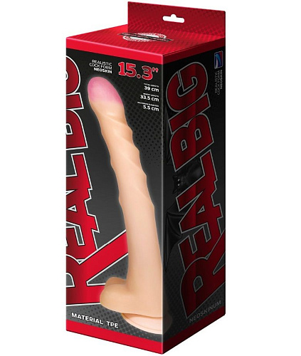 Телесный ребристый фаллоимитатор-супергигант с мошонкой на присоске LOVETOY (А-Полимер) 957903 (39 см)