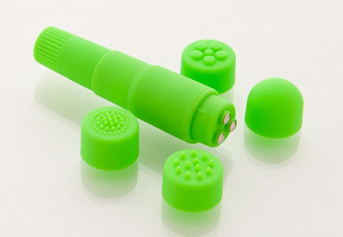 Компактный зелёный вибромассажёр с 4 насадками Sexus Funny Five 931001-7