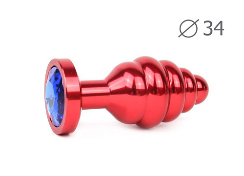 Коническая ребристая красная анальная втулка с синим кристаллом Anal Jewelry Plug AR-13-M (8 см)