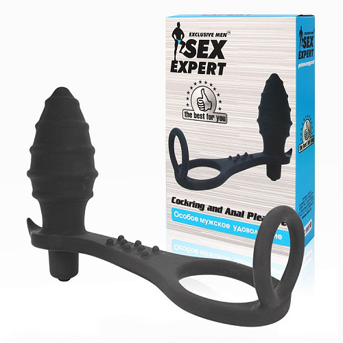 Чёрное кольцо с анальным вибростимулятором Bior toys Cockring and Anal Pleasure SEM-55069