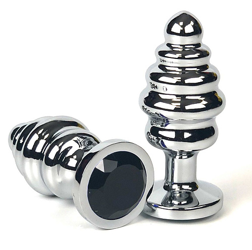 Серебристая ребристая анальная пробка с чёрным кристаллом Vandersex 185-RBBS (6 см)