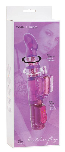 Фиолетовый вибратор-ротатор с клиторальным стимулятором Seven Creations TWIN TURBO BUTTERFLY 06-216CLVHPUSC (20 см)