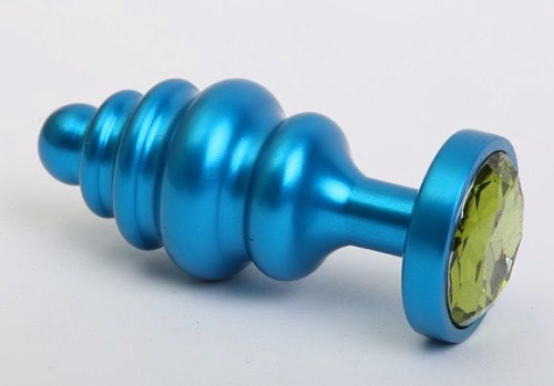 Синяя ребристая анальная пробка с зелёным кристаллом 4sexdreaM 47428-6 (7,3 см)