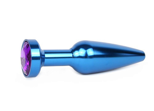 Удлиненная коническая гладкая синяя анальная втулка с кристаллом фиолетового цвета Anal Jewelry Plug XBLU-04 (11,3 см)
