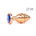 Коническая ребристая золотистая анальная втулка с синим кристаллом Anal Jewelry Plug AG-13-M (8 см)
