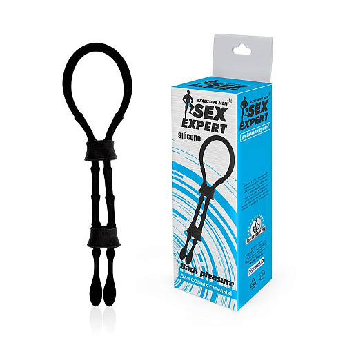 Чёрное силиконовое эрекционное кольцо-лассо с двумя утяжками Bior toys SEM-55155
