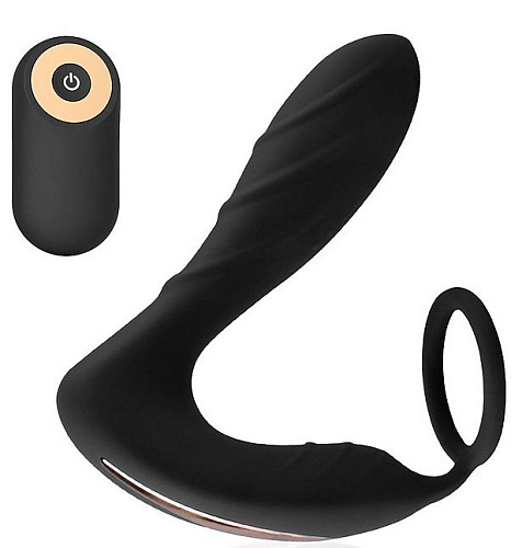 Чёрный анальный вибромассажёр простаты с эрекционным кольцом Bior toys SEM-55181