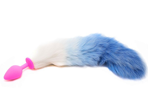 Розовая силиконовая анальная пробка с бело-голубым хвостом Vandersex 126-2-1P (8 см, размер M)