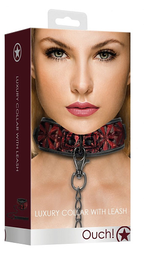 Красно-чёрный широкий ошейник с поводком Shots Media BV Luxury Collar with Leash OU343BUR