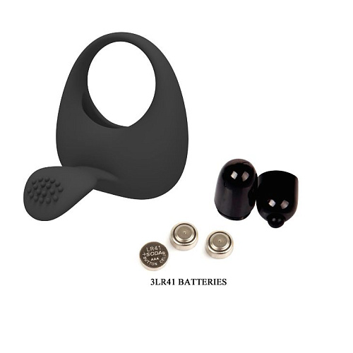 Чёрное эрекционное кольцо с вибрацией и клиторальным язычком Baile BI-210135-0801