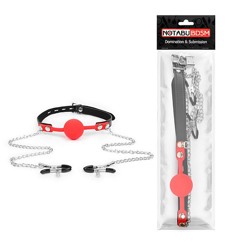 Красный кляп-шарик с зажимами на соски на металлической цепочке Bior toys NTB-80541