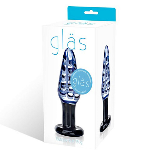 Гламурная пробка из чёрного стекла с прозрачной макушкой в бело-синем узоре Glas GLAS-77 (13,5 см)