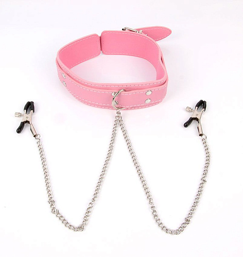 Розовый ошейник на регулируемом ремешке с металлическими зажимами для сосков Bior toys NTU-80340-6