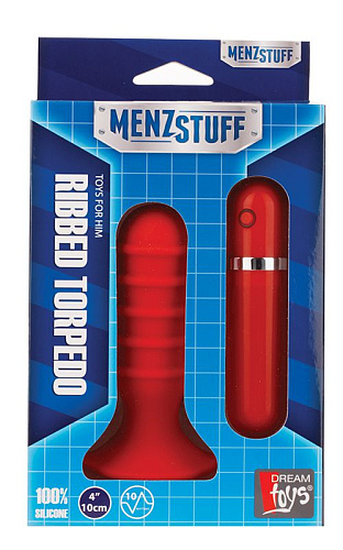 Малый красный вибромассажёр для анальной стимуляции Dream Toys MENZSTUFF RIBBED TORPEDO 20722 (10 см)