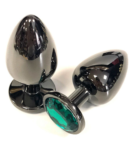 Чёрная металлическая анальная пробка с зелёным стразом Vandersex 400-VGM (7,5 см)