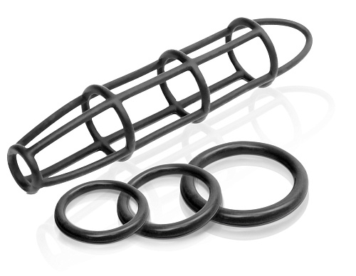 Набор в чёрном цвете: насадка и эрекционные кольца на пенис Pipedream Cockcage and Ring Set PD4571-23