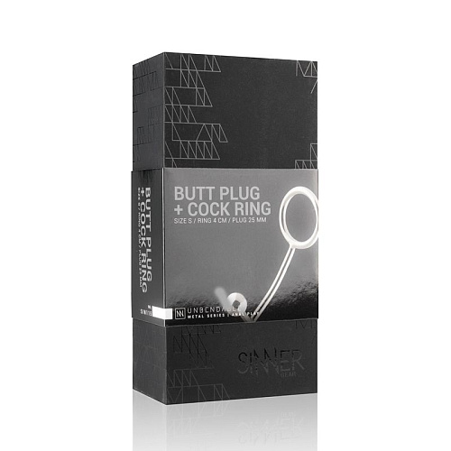 Серебристое эрекционное кольцо с анальной пробкой EDC Wholesale Sinner Metal Cock Ring With Anal Plug Size L SIN117