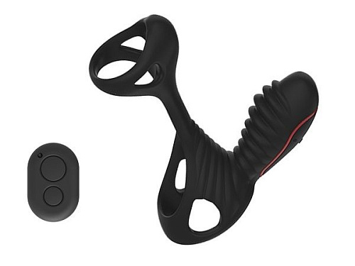 Чёрная эрекционная насадка со стимулятором клитора и пультом управления вибрацией Adrien Lastic Gladiator 30659