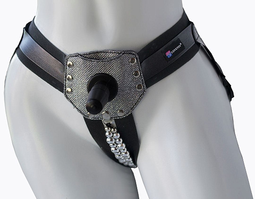 Чёрный пояс-трусики с телесной насадкой LOVETOY (А-Полимер) Glamour Silver 330903 (15,5 см)