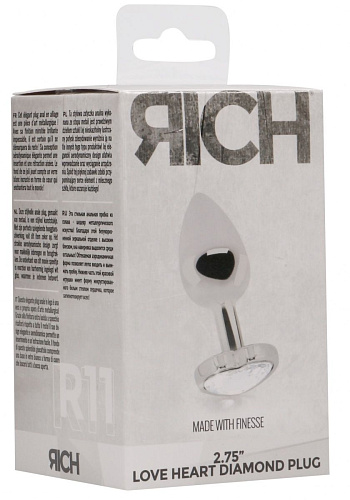 Серебристая анальная пробка с прозрачным кристаллом в форме сердца Shots Media BV RIC011SIL (7,1 см)