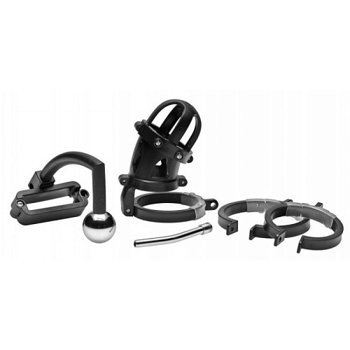 Чёрный стальной пояс верности O-Products Oppressor Male Confinement Chastity Cage with Ball Clamp and Anal Hook 118-XR-AD