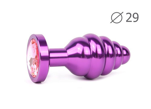 Коническая ребристая фиолетовая анальная втулка с розовым кристаллом Anal Jewelry Plug AV-02-S (7,1 см)