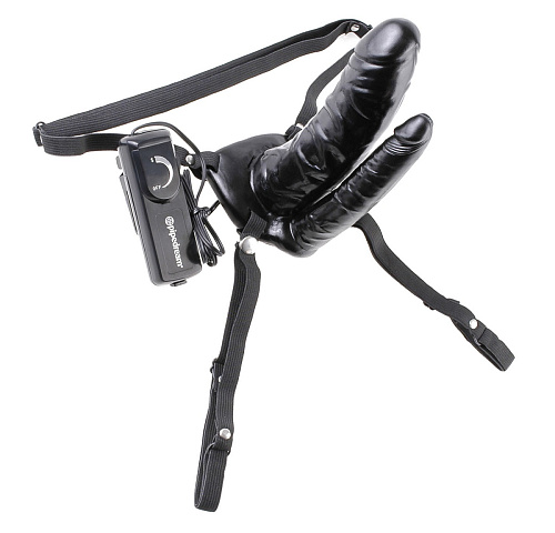 Чёрный страпон Pipedream Double PenetratoVibrating Hollow Strap-On PD3385-23